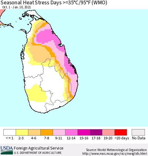 Sri Lanka Seasonal Heat Stress Days >=35°C/95°F (WMO) Thematic Map For 10/1/2020 - 1/10/2021