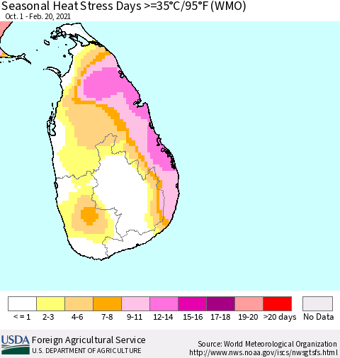 Sri Lanka Seasonal Heat Stress Days >=35°C/95°F (WMO) Thematic Map For 10/1/2020 - 2/20/2021