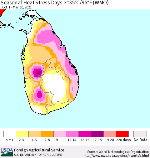 Sri Lanka Seasonal Heat Stress Days >=35°C/95°F (WMO) Thematic Map For 10/1/2020 - 3/10/2021