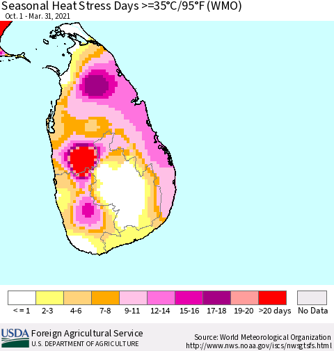 Sri Lanka Seasonal Heat Stress Days >=35°C/95°F (WMO) Thematic Map For 10/1/2020 - 3/31/2021