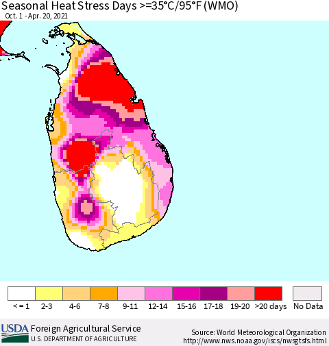 Sri Lanka Seasonal Heat Stress Days >=35°C/95°F (WMO) Thematic Map For 10/1/2020 - 4/20/2021