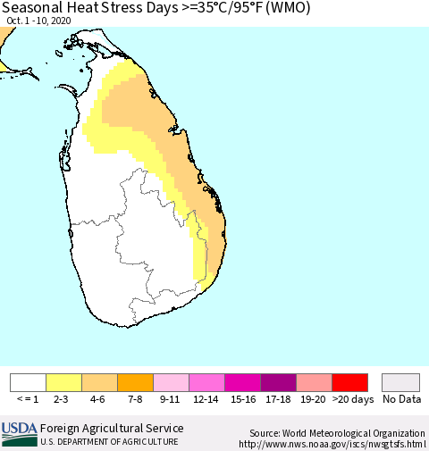 Sri Lanka Seasonal Heat Stress Days >=35°C/95°F (WMO) Thematic Map For 10/1/2020 - 10/10/2020