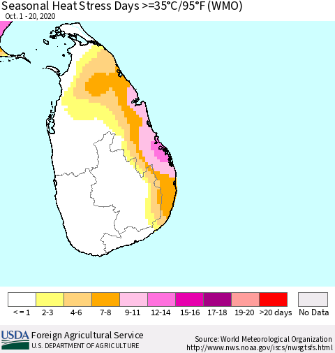 Sri Lanka Seasonal Heat Stress Days >=35°C/95°F (WMO) Thematic Map For 10/1/2020 - 10/20/2020
