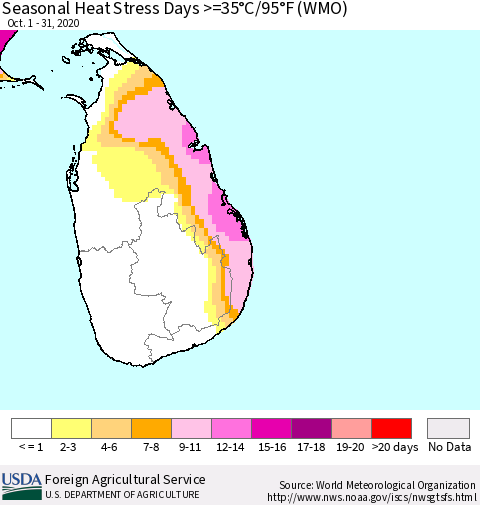 Sri Lanka Seasonal Heat Stress Days >=35°C/95°F (WMO) Thematic Map For 10/1/2020 - 10/31/2020