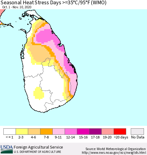 Sri Lanka Seasonal Heat Stress Days >=35°C/95°F (WMO) Thematic Map For 10/1/2020 - 11/10/2020