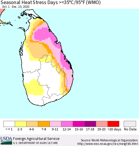 Sri Lanka Seasonal Heat Stress Days >=35°C/95°F (WMO) Thematic Map For 10/1/2020 - 12/10/2020