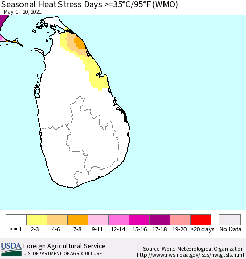 Sri Lanka Seasonal Heat Stress Days >=35°C/95°F (WMO) Thematic Map For 5/1/2021 - 5/20/2021