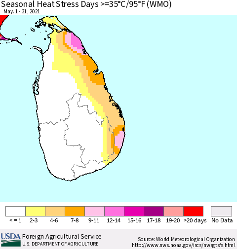 Sri Lanka Seasonal Heat Stress Days >=35°C/95°F (WMO) Thematic Map For 5/1/2021 - 5/31/2021