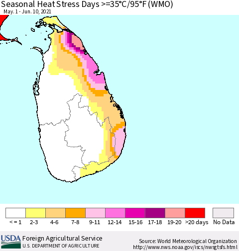 Sri Lanka Seasonal Heat Stress Days >=35°C/95°F (WMO) Thematic Map For 5/1/2021 - 6/10/2021