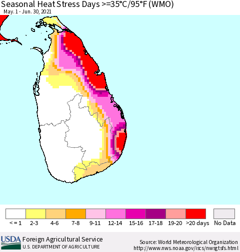 Sri Lanka Seasonal Heat Stress Days >=35°C/95°F (WMO) Thematic Map For 5/1/2021 - 6/30/2021