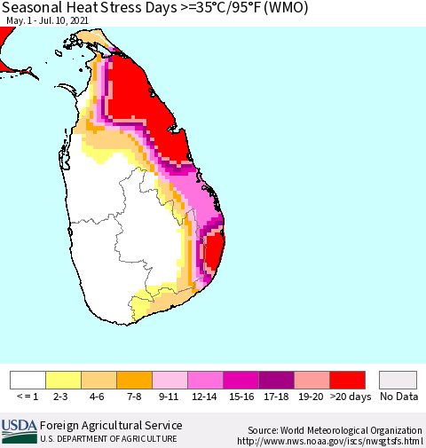 Sri Lanka Seasonal Heat Stress Days >=35°C/95°F (WMO) Thematic Map For 5/1/2021 - 7/10/2021