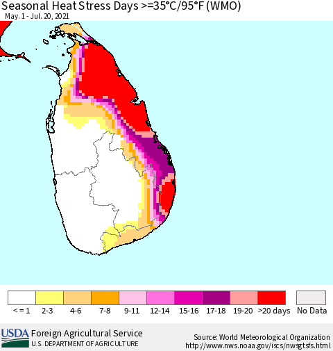 Sri Lanka Seasonal Heat Stress Days >=35°C/95°F (WMO) Thematic Map For 5/1/2021 - 7/20/2021