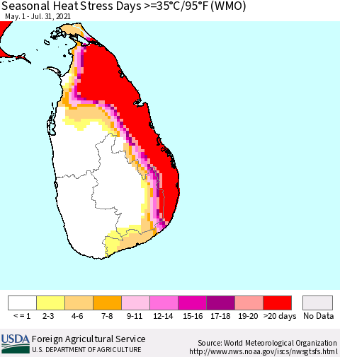 Sri Lanka Seasonal Heat Stress Days >=35°C/95°F (WMO) Thematic Map For 5/1/2021 - 7/31/2021