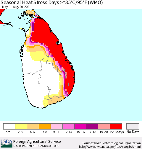 Sri Lanka Seasonal Heat Stress Days >=35°C/95°F (WMO) Thematic Map For 5/1/2021 - 8/20/2021