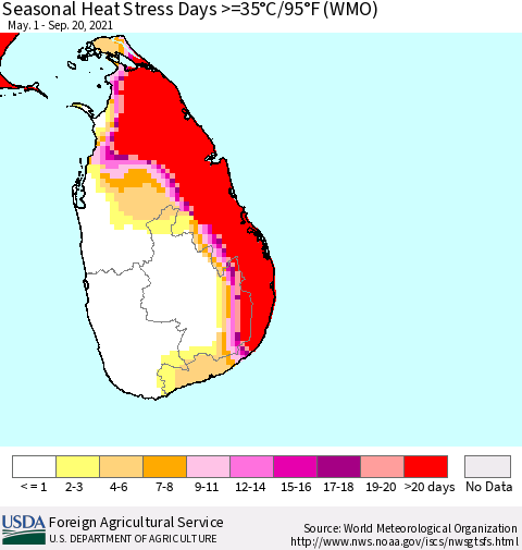 Sri Lanka Seasonal Heat Stress Days >=35°C/95°F (WMO) Thematic Map For 5/1/2021 - 9/20/2021