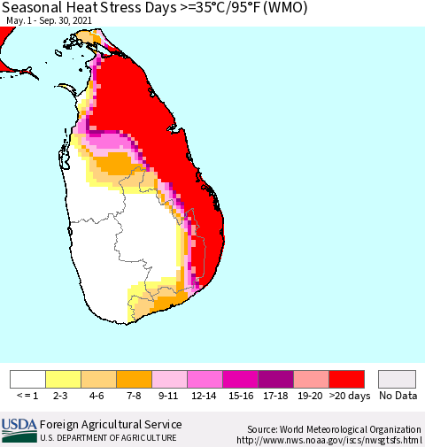 Sri Lanka Seasonal Heat Stress Days >=35°C/95°F (WMO) Thematic Map For 5/1/2021 - 9/30/2021
