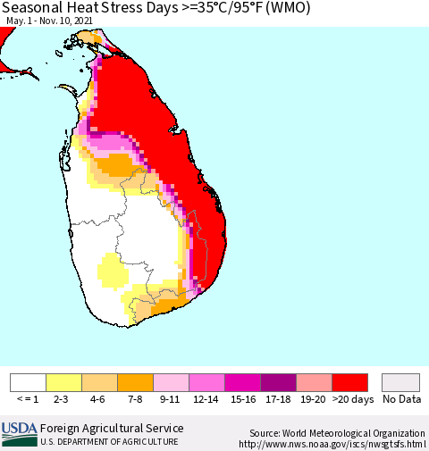 Sri Lanka Seasonal Heat Stress Days >=35°C/95°F (WMO) Thematic Map For 5/1/2021 - 11/10/2021