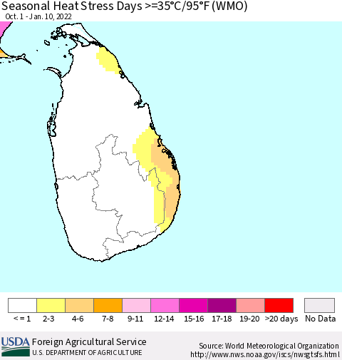 Sri Lanka Seasonal Heat Stress Days >=35°C/95°F (WMO) Thematic Map For 10/1/2021 - 1/10/2022