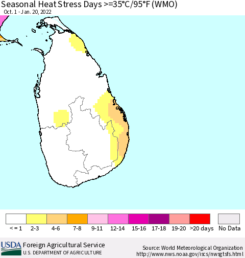 Sri Lanka Seasonal Heat Stress Days >=35°C/95°F (WMO) Thematic Map For 10/1/2021 - 1/20/2022