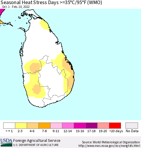 Sri Lanka Seasonal Heat Stress Days >=35°C/95°F (WMO) Thematic Map For 10/1/2021 - 2/10/2022