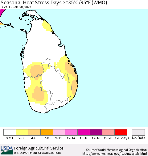 Sri Lanka Seasonal Heat Stress Days >=35°C/95°F (WMO) Thematic Map For 10/1/2021 - 2/28/2022