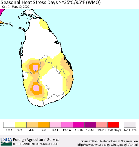 Sri Lanka Seasonal Heat Stress Days >=35°C/95°F (WMO) Thematic Map For 10/1/2021 - 3/10/2022