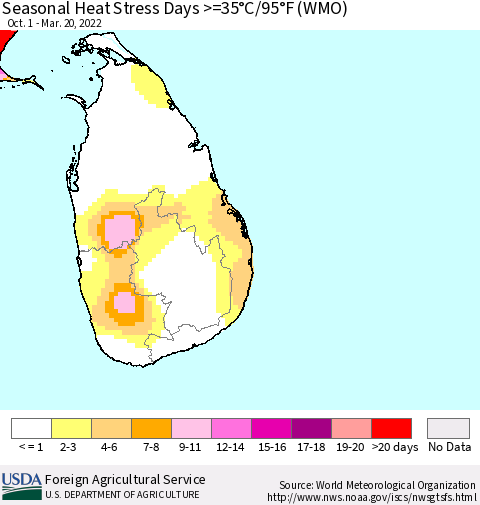 Sri Lanka Seasonal Heat Stress Days >=35°C/95°F (WMO) Thematic Map For 10/1/2021 - 3/20/2022