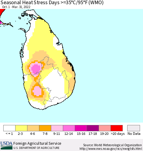 Sri Lanka Seasonal Heat Stress Days >=35°C/95°F (WMO) Thematic Map For 10/1/2021 - 3/31/2022