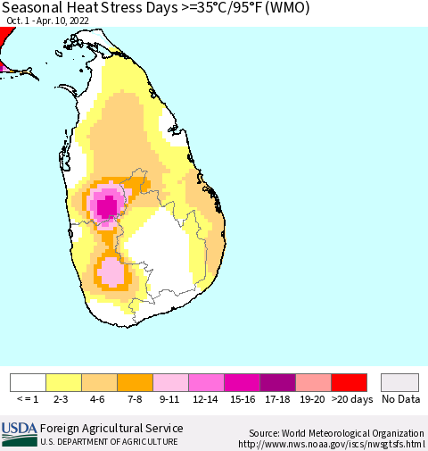 Sri Lanka Seasonal Heat Stress Days >=35°C/95°F (WMO) Thematic Map For 10/1/2021 - 4/10/2022