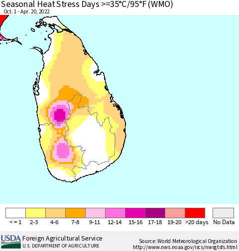 Sri Lanka Seasonal Heat Stress Days >=35°C/95°F (WMO) Thematic Map For 10/1/2021 - 4/20/2022