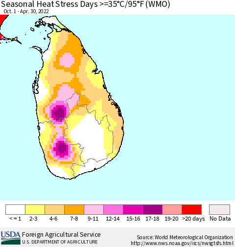 Sri Lanka Seasonal Heat Stress Days >=35°C/95°F (WMO) Thematic Map For 10/1/2021 - 4/30/2022