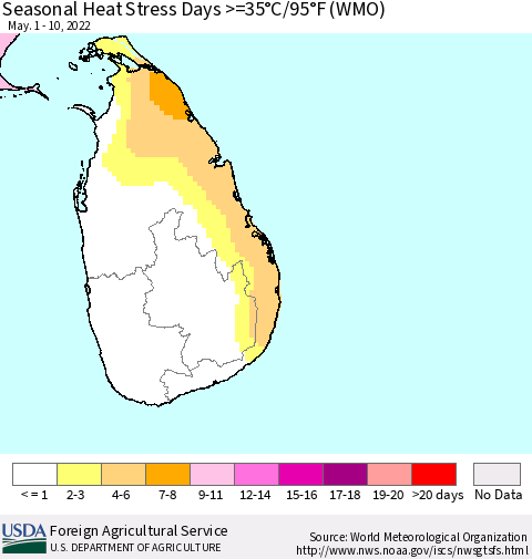 Sri Lanka Seasonal Heat Stress Days >=35°C/95°F (WMO) Thematic Map For 5/1/2022 - 5/10/2022