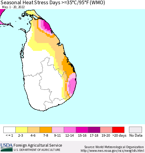 Sri Lanka Seasonal Heat Stress Days >=35°C/95°F (WMO) Thematic Map For 5/1/2022 - 5/20/2022