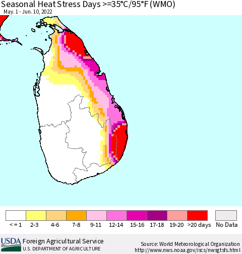 Sri Lanka Seasonal Heat Stress Days >=35°C/95°F (WMO) Thematic Map For 5/1/2022 - 6/10/2022