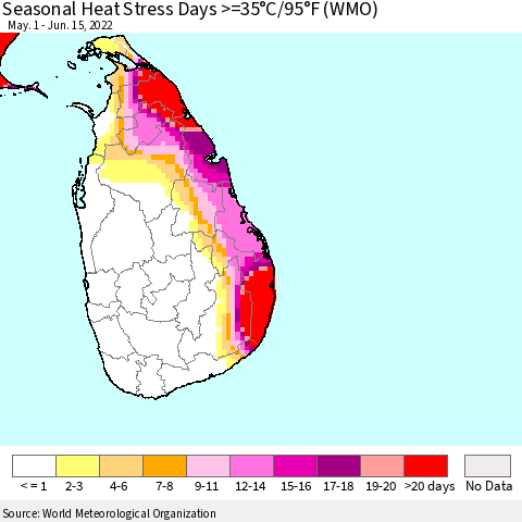 Sri Lanka Seasonal Heat Stress Days >=35°C/95°F (WMO) Thematic Map For 5/1/2022 - 6/15/2022