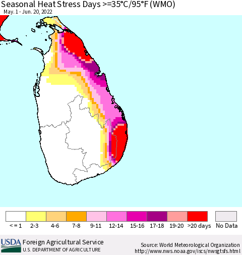 Sri Lanka Seasonal Heat Stress Days >=35°C/95°F (WMO) Thematic Map For 5/1/2022 - 6/20/2022