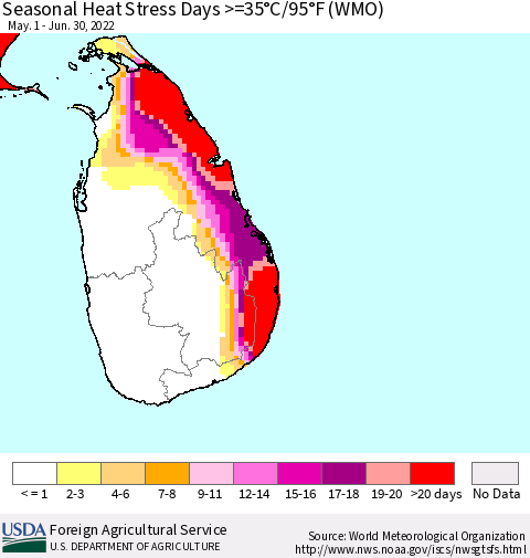 Sri Lanka Seasonal Heat Stress Days >=35°C/95°F (WMO) Thematic Map For 5/1/2022 - 6/30/2022
