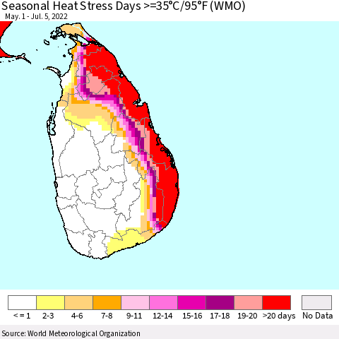 Sri Lanka Seasonal Heat Stress Days >=35°C/95°F (WMO) Thematic Map For 5/1/2022 - 7/5/2022