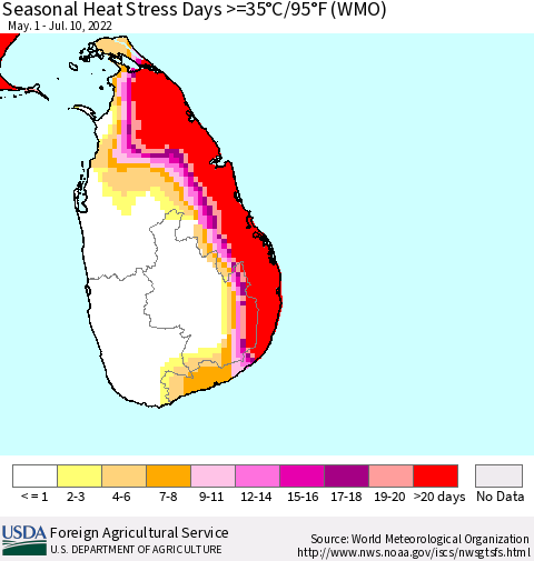 Sri Lanka Seasonal Heat Stress Days >=35°C/95°F (WMO) Thematic Map For 5/1/2022 - 7/10/2022
