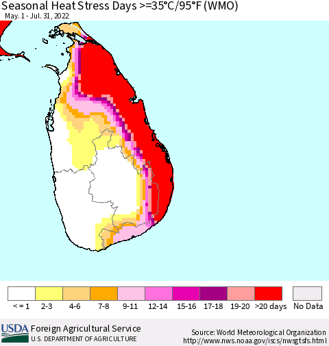Sri Lanka Seasonal Heat Stress Days >=35°C/95°F (WMO) Thematic Map For 5/1/2022 - 7/31/2022