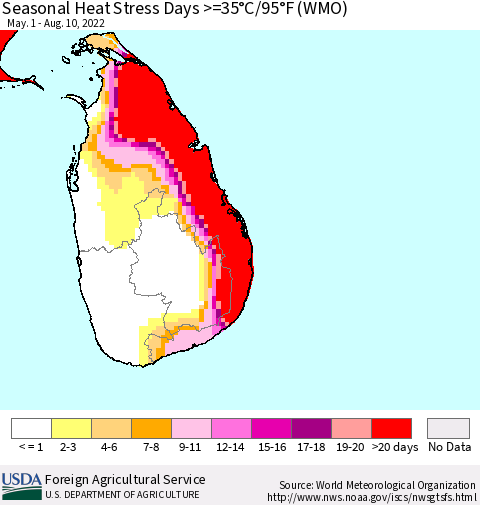 Sri Lanka Seasonal Heat Stress Days >=35°C/95°F (WMO) Thematic Map For 5/1/2022 - 8/10/2022
