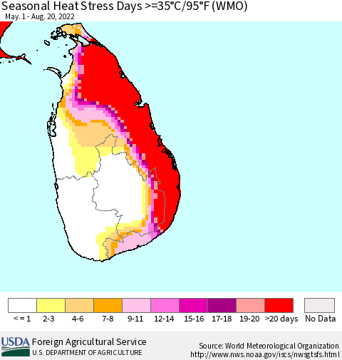 Sri Lanka Seasonal Heat Stress Days >=35°C/95°F (WMO) Thematic Map For 5/1/2022 - 8/20/2022