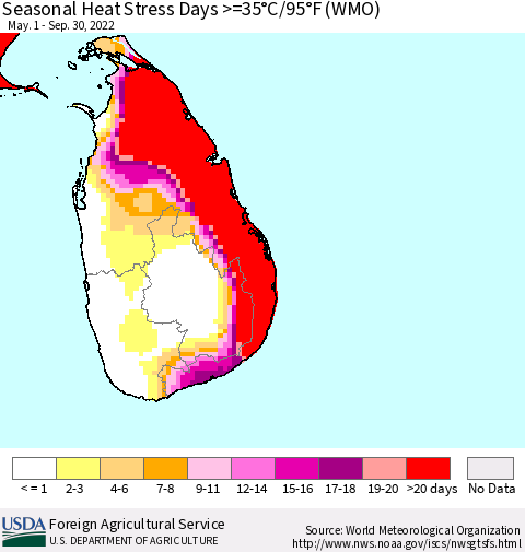 Sri Lanka Seasonal Heat Stress Days >=35°C/95°F (WMO) Thematic Map For 5/1/2022 - 9/30/2022