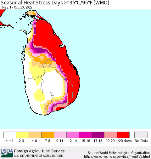 Sri Lanka Seasonal Heat Stress Days >=35°C/95°F (WMO) Thematic Map For 5/1/2022 - 10/10/2022