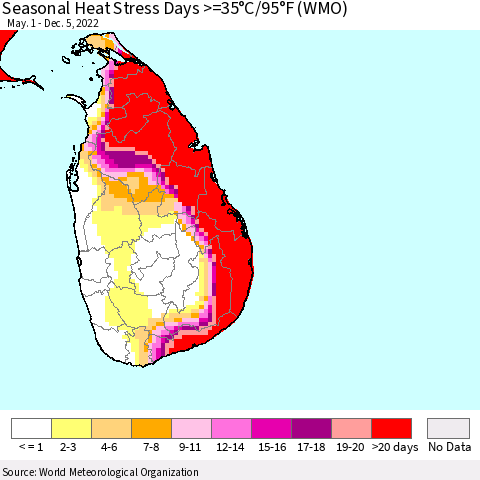 Sri Lanka Seasonal Heat Stress Days >=35°C/95°F (WMO) Thematic Map For 5/1/2022 - 12/5/2022