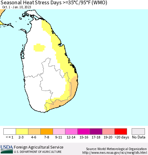 Sri Lanka Seasonal Heat Stress Days >=35°C/95°F (WMO) Thematic Map For 10/1/2022 - 1/10/2023