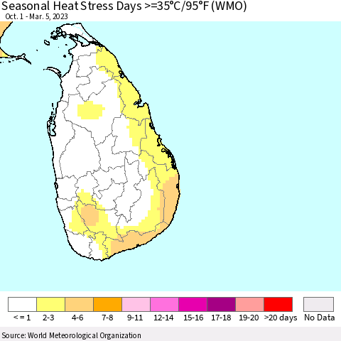 Sri Lanka Seasonal Heat Stress Days >=35°C/95°F (WMO) Thematic Map For 10/1/2022 - 3/5/2023