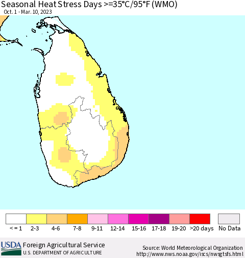 Sri Lanka Seasonal Heat Stress Days >=35°C/95°F (WMO) Thematic Map For 10/1/2022 - 3/10/2023