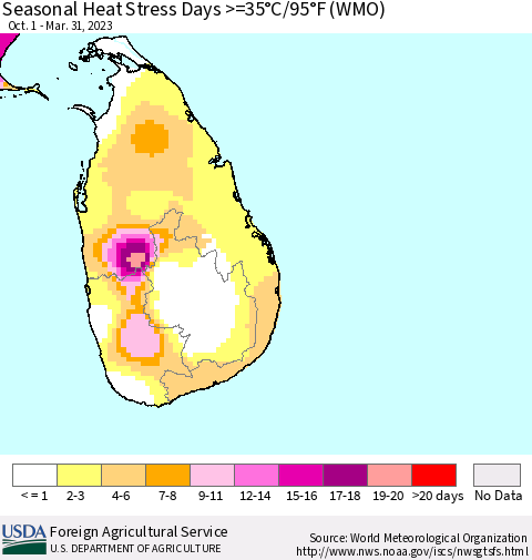 Sri Lanka Seasonal Heat Stress Days >=35°C/95°F (WMO) Thematic Map For 10/1/2022 - 3/31/2023