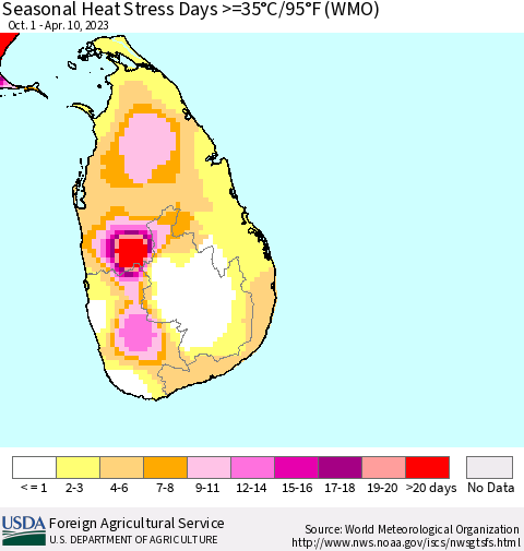 Sri Lanka Seasonal Heat Stress Days >=35°C/95°F (WMO) Thematic Map For 10/1/2022 - 4/10/2023